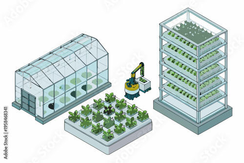 Automated vertical farming systems utilizing robotic arms in greenhouses