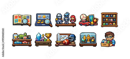 Pixel art collection of toys, collectibles, and treasures displayed on shelves