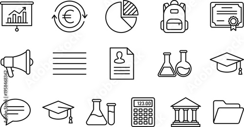 Business Education and Science Line Icon Set with Analytics Chart, Certificate, Backpack, Calculator, Laboratory Flask, Bank Building and Document Symbols for UI Design