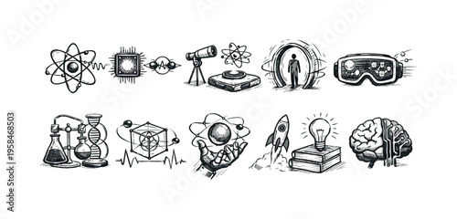 Collection of science and technology icons representing innovation and discovery