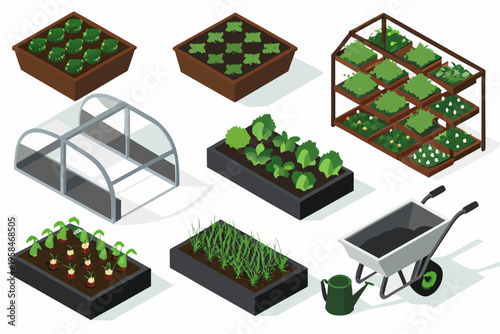 Isometric garden elements including planters greenhouse and gardening tools