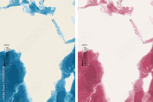 Sub Saharan Africa Bathymetric Ocean Depth Map - Mercator Projection - Scalable Multi-Color Seafloor Relief Topography with Depth Legend Showing Continental Shelves Mid-Ocean Ridges and Abyssal Plains