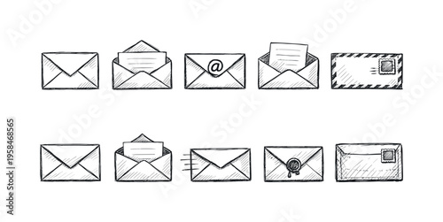 Collection of hand-drawn envelope icons representing various communication methods