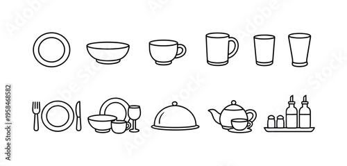 Collection of simple line art icons representing various tableware and kitchenware items