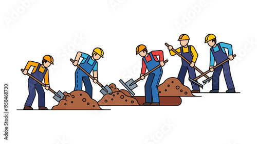 Construction Crew at Work: A team of dedicated construction workers diligently uses shovels to move soil, highlighting teamwork and manual labor in a building or landscape project.