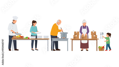 Community Food Service: A heartwarming scene unfolds as a group of volunteers prepare and serve food, embodying compassion and care. It's a testament to the power of unity and the act of giving.