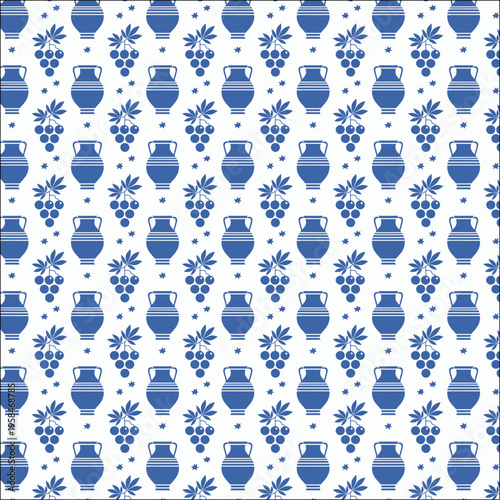 Greek symbols, amphora and grapes in blue and white, seamless pattern