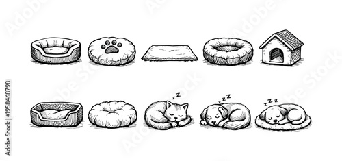 Collection of hand-drawn pet beds and sleeping animals, including cats and dogs