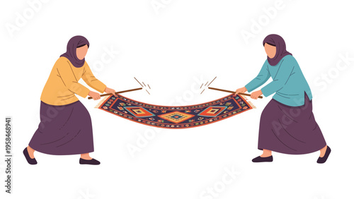 Cultural Craftsmanship: Two women in traditional attire demonstrate the skill and artistry behind the weaving of an intricate rug, highlighting the beauty of cultural heritage.