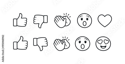 Collection of social media reaction icons including thumbs up, thumbs down, clapping, and emojis