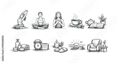 Collection of hand-drawn illustrations representing self-care and relaxation activities