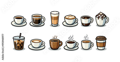 Collection of various coffee drinks in cups and glasses, illustrated in a simple style