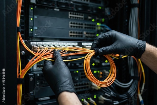 Network Engineer Hands Carefully Routing Orange Fiber Optic Cables in 42U Server Rack for Enterprise Data Center Infrastructure Installation