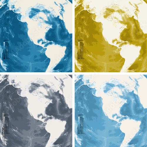 Western Hemisphere Bathymetric Ocean Depth Map - Azimuthal Equal-Area Projection - Scalable Multi-Color Seafloor Relief Topography with Depth Legend Showing Continental Shelves Mid-Ocean Ridges and
