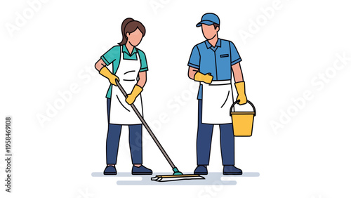 Dedicated Cleaning Crew: A team of two dedicated cleaning professionals, clad in matching uniforms, diligently work to maintain a spotless environment, focusing on their task with expertise and care.
