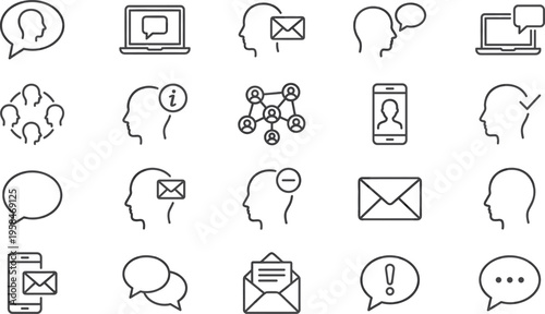 Communication Line Icon Set with Chat Bubbles Email Messages User Profiles Mobile Messaging Conversation Symbols and Social Interaction Outline Icons for Apps and Websites