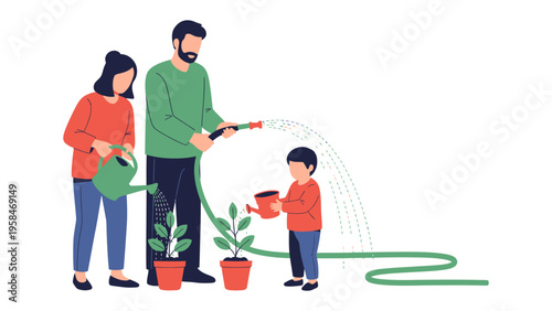 Nurturing Together: A loving family cultivates a garden, sharing the joy of growth, illustrating the essence of unity and care.
