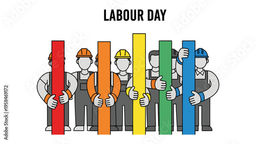 Labour Day Celebration: A diverse group of construction workers stand united, each holding a vibrant colored beam in a display of solidarity, commemorating Labour Day and the value of labor
