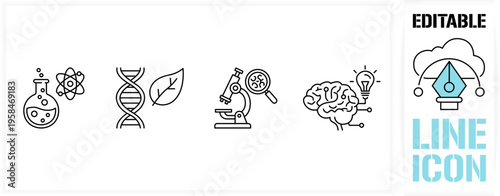 Editable line icon set in a black simple and clean vector outline stroke for scientific research, laboratory chemistry, dna biotechnology, microscopic analysis, and artificial intelligence innovation.