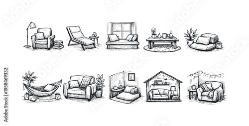 Cozy home interior sketches featuring comfortable seating and decor elements