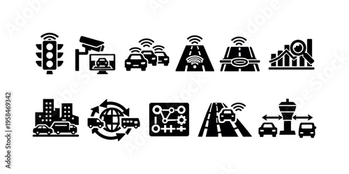 Collection of icons representing smart city transportation and autonomous driving technology