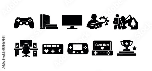 Collection of black and white icons representing various aspects of video gaming and adventure