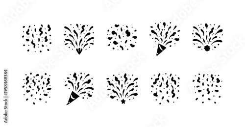 Collection of black and white confetti and popper explosion icons for celebrations
