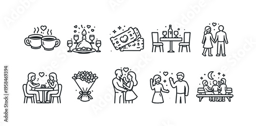 Collection of romantic date icons for Valentine's Day and love celebrations