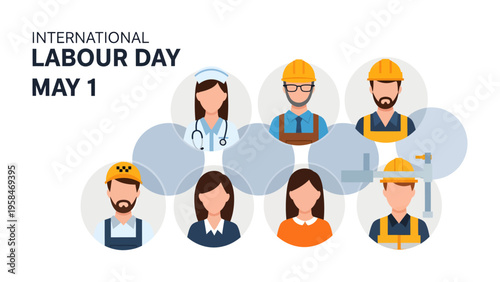 International Labour Day Celebration: Illustrative image for International Labour Day, showcasing different professions and the spirit of labor and workers on May 1st. 