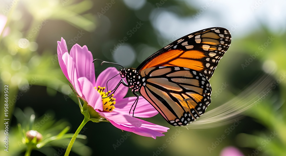 Obraz premium Monarch Butterfly on Pink Flower in Sunlit Garden