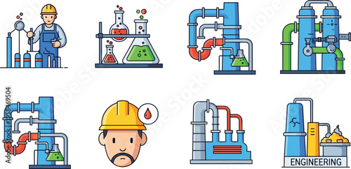 Industrial Engineering and Chemical Plant Icon Set with Factory Pipes Laboratory Equipment Engineer Worker and Production Process Elements for Manufacturing Design