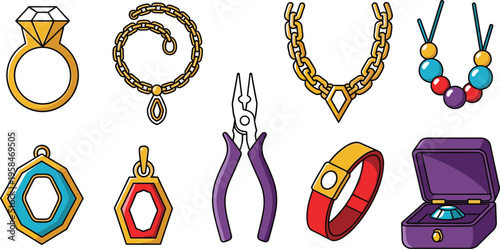Jewelry Making and Accessories Icon Set with Rings Necklaces Pendant Bracelet Tools and Gem Box for Fashion Craft Design and Goldsmith Collection