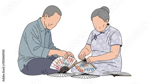 Crafting a Legacy: Elderly pair intricately craft detailed fans, embodying the timeless dedication of artisan work.