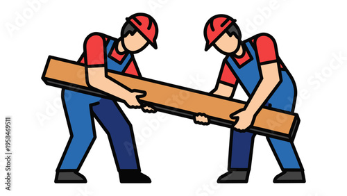 Building Together: Two construction workers collaborate, carrying a wooden beam. A visual representation of teamwork, skill, and construction.