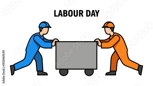 Labour Day Push: Two workers in hard hats, one in blue and one in orange, push a trolley together, embodying the spirit of collective effort on Labour Day.