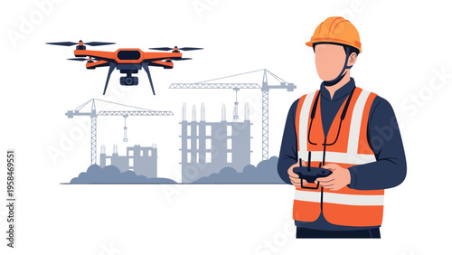 Construction Site Surveillance: An engineer utilizes drone technology to survey a construction site, overseeing the progress of buildings.