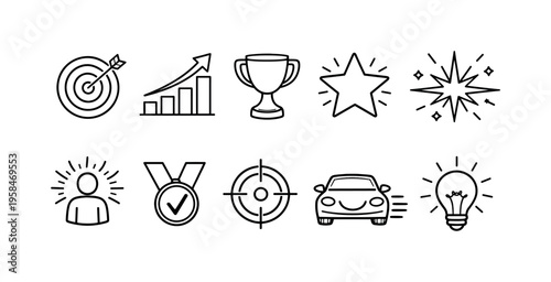 Collection of simple line icons representing success, goals, and achievements