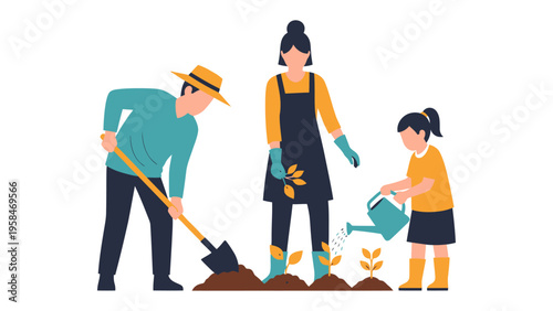 Gardening Family: A harmonious family working together in their garden, each member contributing to nurturing new life and fostering growth. A beautiful day with happy feelings.