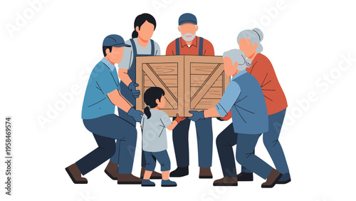 Unified Strength: A group of individuals, representing different generations, cooperatively transport a wooden box, symbolizing shared effort and mutual assistance. 