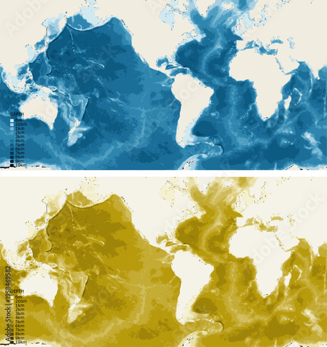 World Americas Centered Bathymetric Ocean Depth Map - Mercator Projection - Scalable Multi-Color Seafloor Relief Topography with Depth Legend Showing Continental Shelves Mid-Ocean Ridges and Abyssal