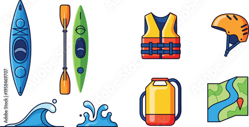 Kayaking and Water Adventure Icon Set with Kayak Paddle Life Jacket Helmet Waves Dry Bag and Map for Outdoor Sport Travel and River Exploration Design