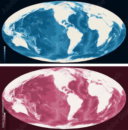 World Americas Centered Bathymetric Ocean Depth Map - Mollweide Projection - Scalable Multi-Color Seafloor Relief Topography with Depth Legend Showing Continental Shelves Mid-Ocean Ridges and Abyssal