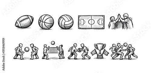Collection of hand-drawn sports icons and action scenes in sketch style