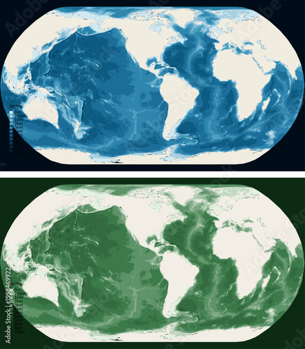 World Americas Centered Bathymetric Ocean Depth Map - Natural Earth Projection - Scalable Multi-Color Seafloor Relief Topography with Depth Legend Showing Continental Shelves Mid-Ocean Ridges and