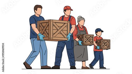 Family Togetherness: A family working as a unit, carrying wooden crates, showcasing a united front and cooperative spirit.