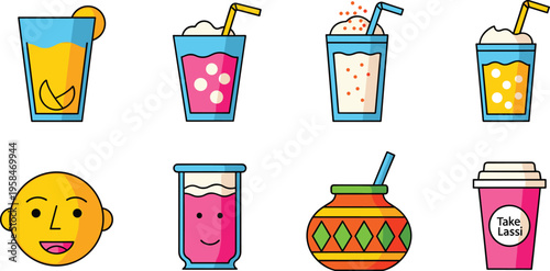 Lassi and Indian Beverage Icon Set with Glass Drinks Clay Pot Takeaway Cup and Refreshing Summer Drinks for Food Culture and Cafe Design