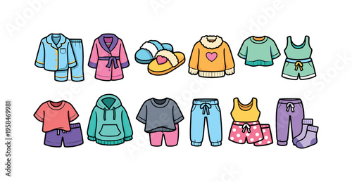Collection of cute cartoon pajamas, loungewear, and cozy outfits for relaxation