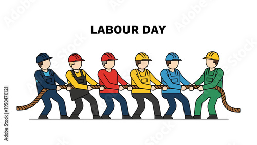 Labor Day Tug-of-War: A team of construction workers engages in a spirited tug-of-war, symbolizing the strength, unity, and collaborative spirit celebrated on Labor Day. 
