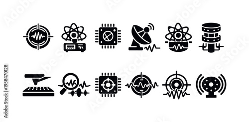 Collection of science and technology icons representing research and innovation