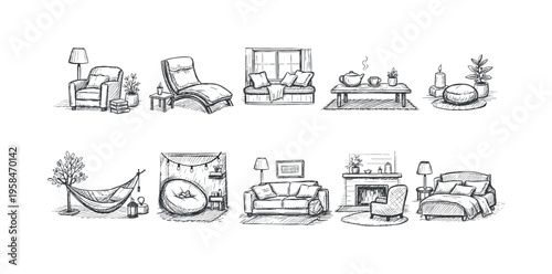 Collection of cozy interior design elements and furniture sketches